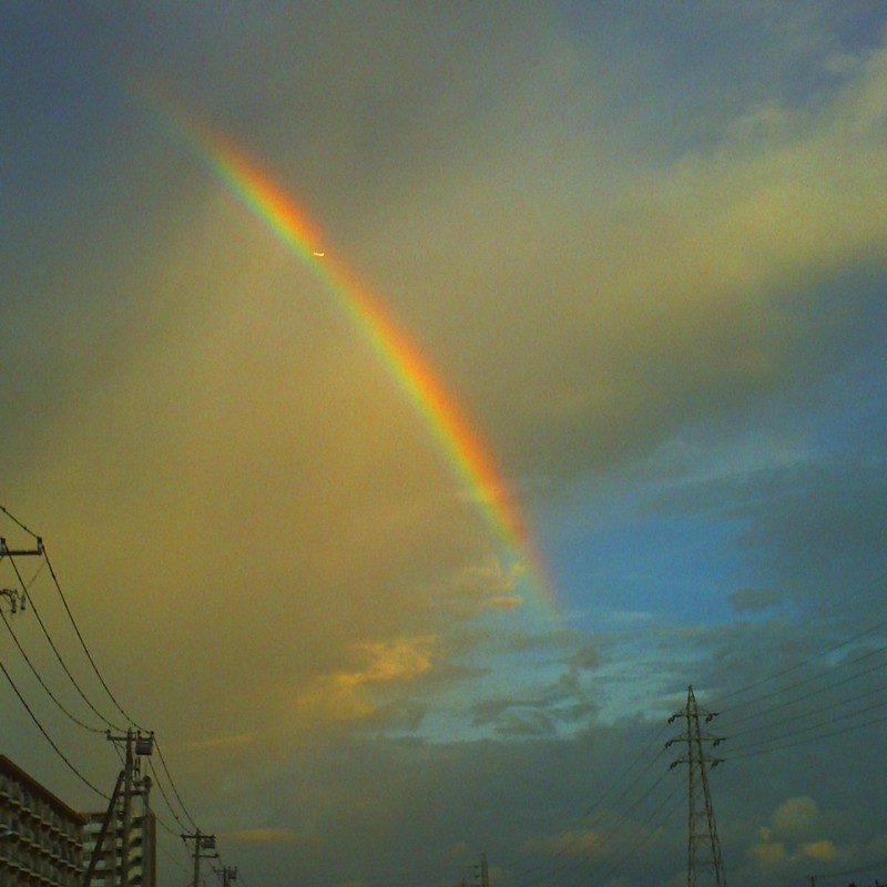 日常生活の上空で、飛行機がとうとう虹へ到達したようです